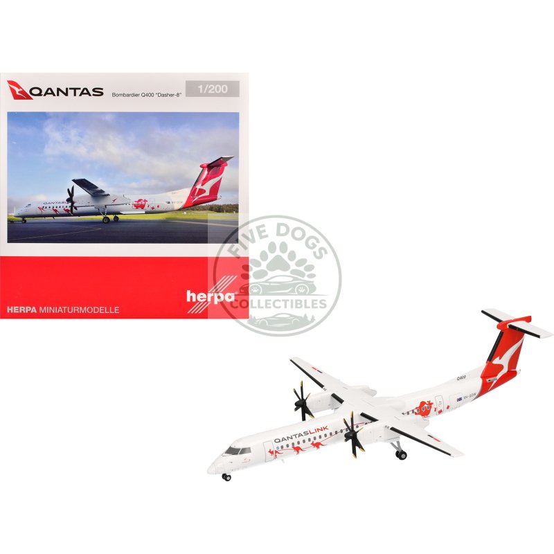 bombardier q400 commercial aircraft "qantaslink dasher 8 livery" (vh qow) white with graphics 1/200 diecast model airplane by herpa