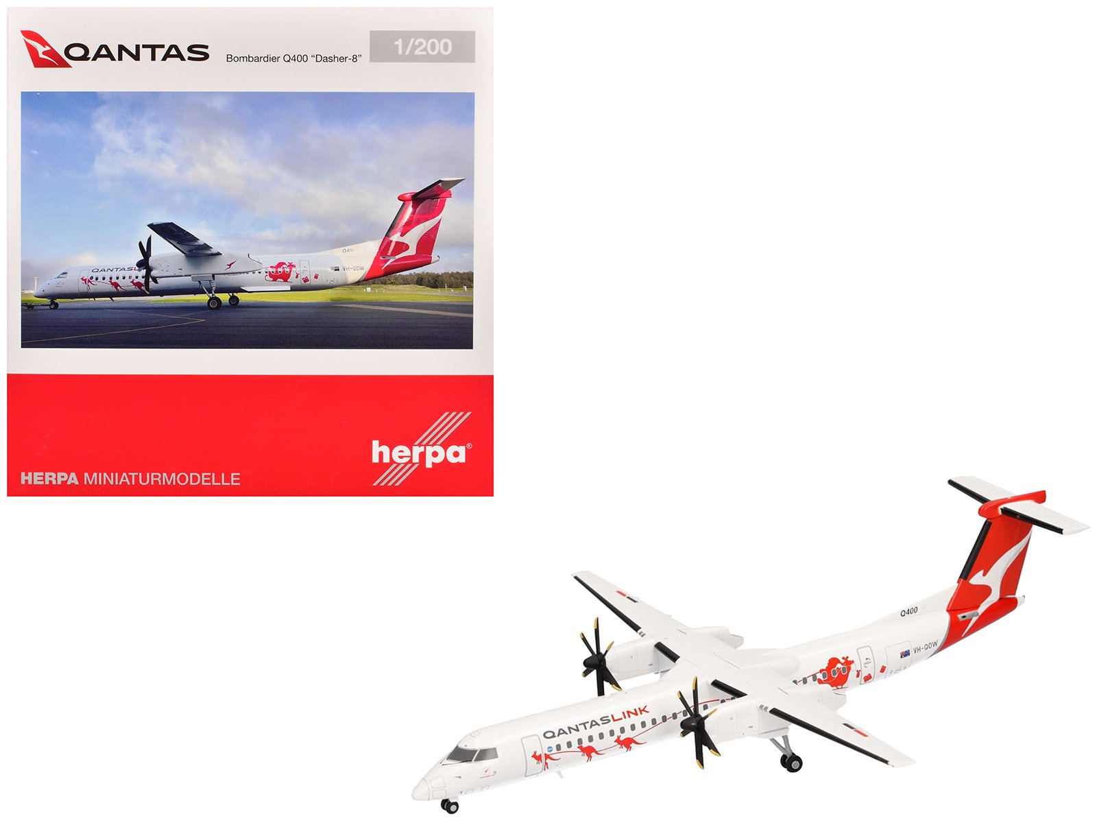 bombardier q400 commercial aircraft "qantaslink dasher 8 livery" (vh qow) white with graphics 1/200 diecast model airplane by herpa bombardier q400 commercial aircraft "qantaslink dasher 8 livery" (vh qow) white with graphics 1/200 diecast model airplane by herpa