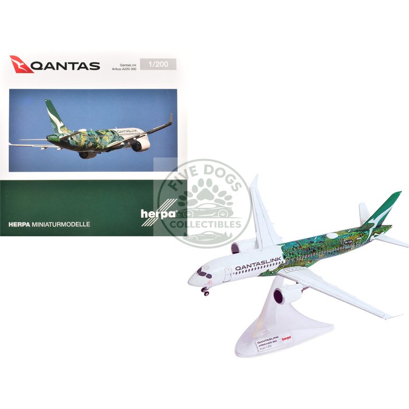 airbus a220 300 commercial aircraft "qantaslink flying art series minyma kutjara tjukurpa" (vh x4a) white with green graphics 1/200 diecast model by herpa