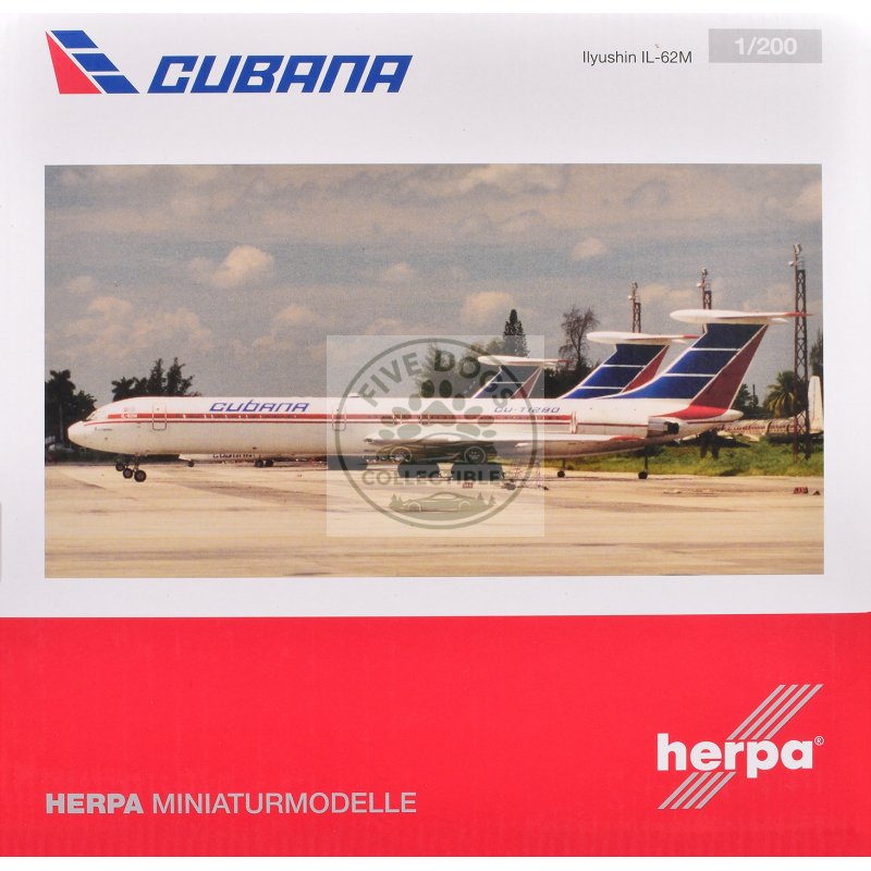 ilyushin il 62m commercial aircraft "cubana de aviacion" (t1280) white with blue and red tail 1/200 diecast model airplane by herpa