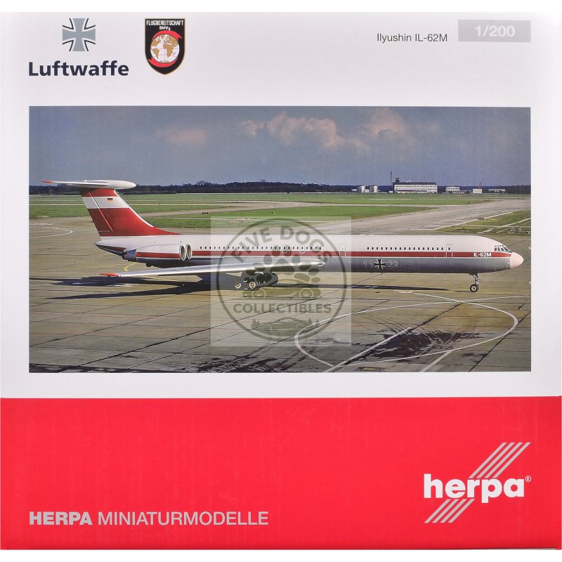 ilyushin il 62m commercial aircraft "german luftwaffe" (11+22) white with red stripes 1/200 diecast model airplane by herpa