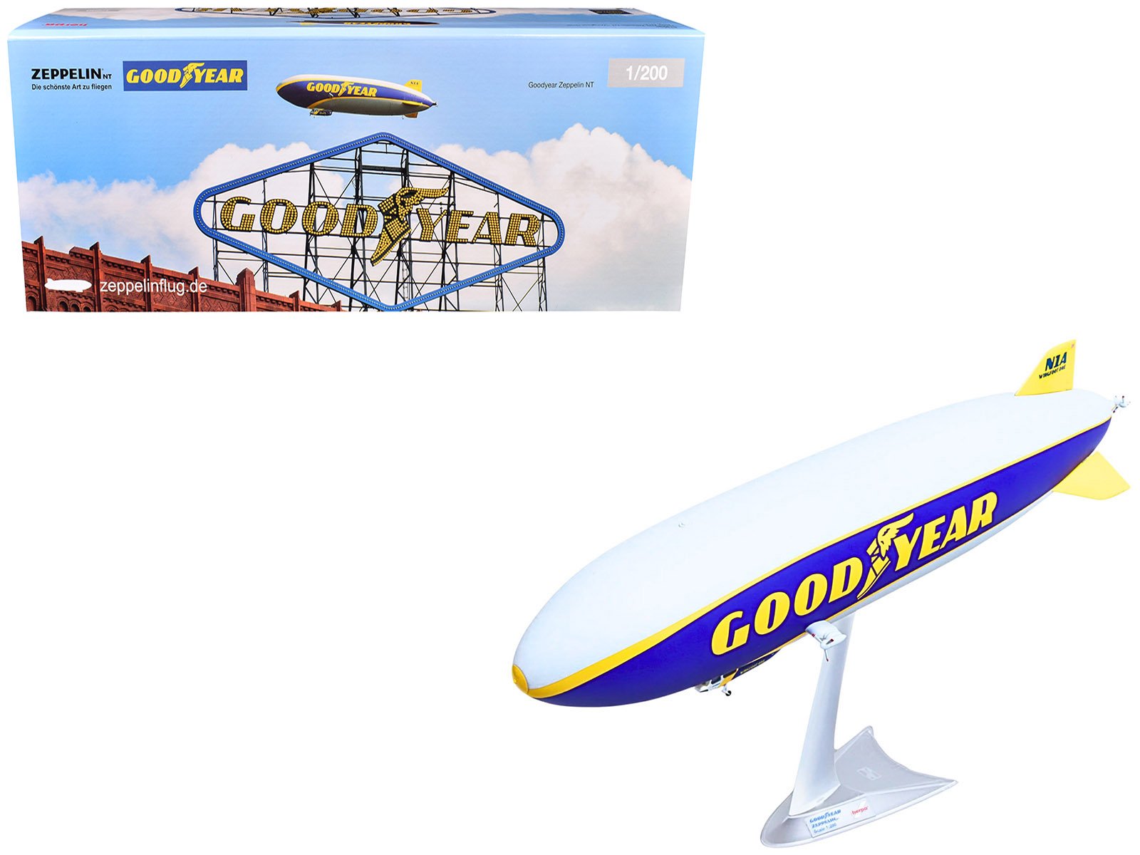 zeppelin nt aircraft "goodyear blimp wingfoot one" (n1a) gray and blue with yellow stripes 1/200 diecast model by herpa zeppelin nt aircraft "goodyear blimp wingfoot one" (n1a) gray and blue with yellow stripes 1/200 diecast model by herpa