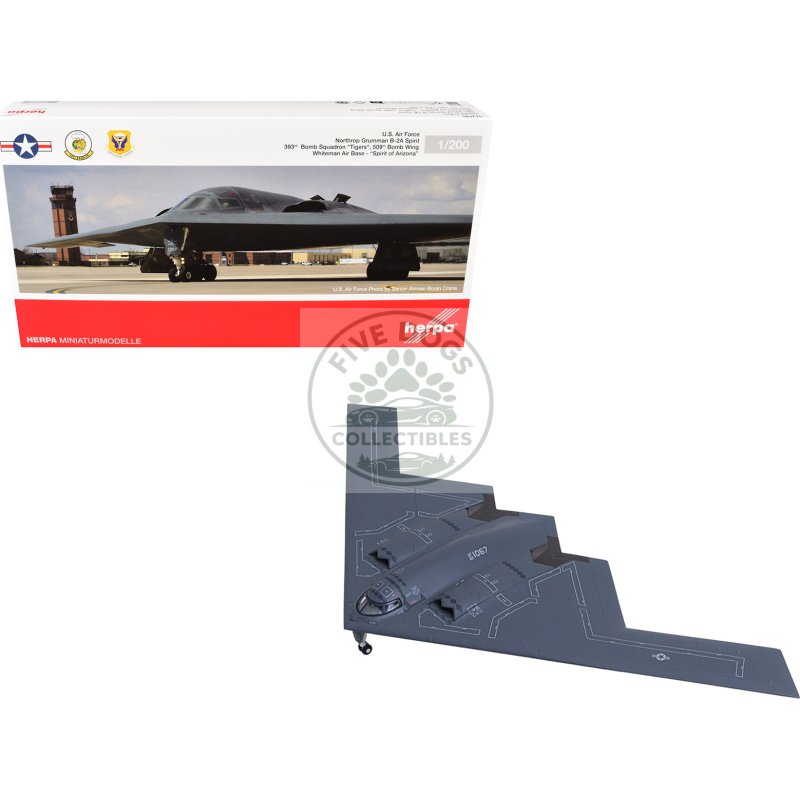 northrop grumman b 2a spirit stealth bomber aircraft "spirit of arizona 393rd bomb squadron 'tigers' 509th bomb wing whiteman air force base" united states air force 1/200 diecast model by herpa