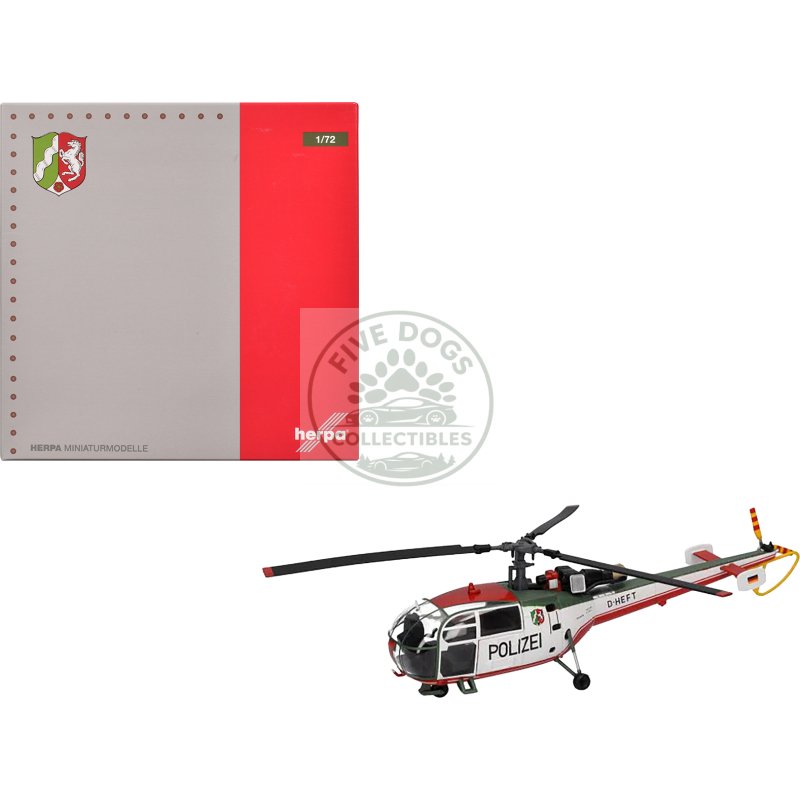 aerospatiale alouette iii helicopter "polizeifliegerstaffel nordrhein westfalen (police aviation squadron north rhine westphalia)" (d heft) white with red and green stripes 1/72 diecast model by herpa