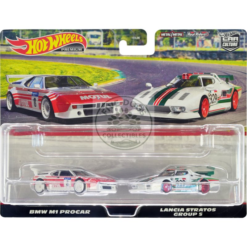 bmw m1 procar #8 white with red stripes and lancia stratos group 5 #829 white with stripes "car culture" set of 2 cars diecast model cars by hot wheels