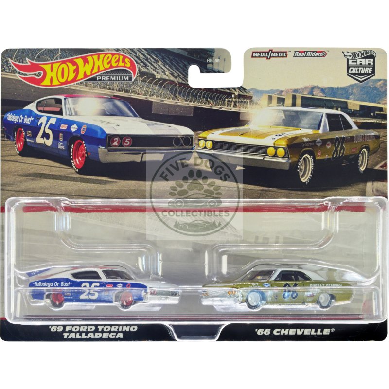 1969 ford torino talladega #25 white and blue with red top and 1966 chevrolet chevelle #86 gold with white top "car culture" set of 2 cars diecast model cars by hot wheels