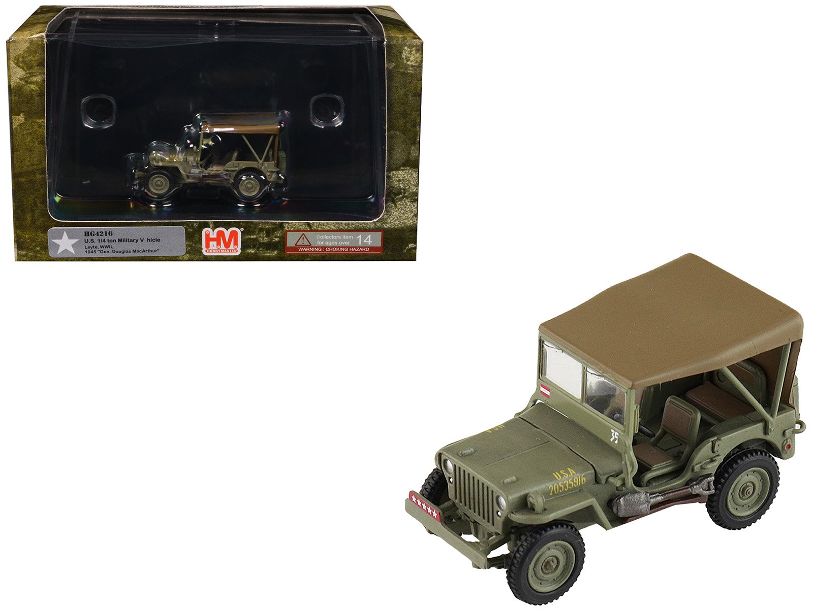u.s. 1/4 ton military vehicle olive drab "gen. douglas macarthur leyte wwii" (1945) united states army "ground power series" 1/72 diecast model by hobby master u.s. 1/4 ton military vehicle olive drab "gen. douglas macarthur leyte wwii" (1945) united states army "ground power series" 1/72 diecast model by hobby master