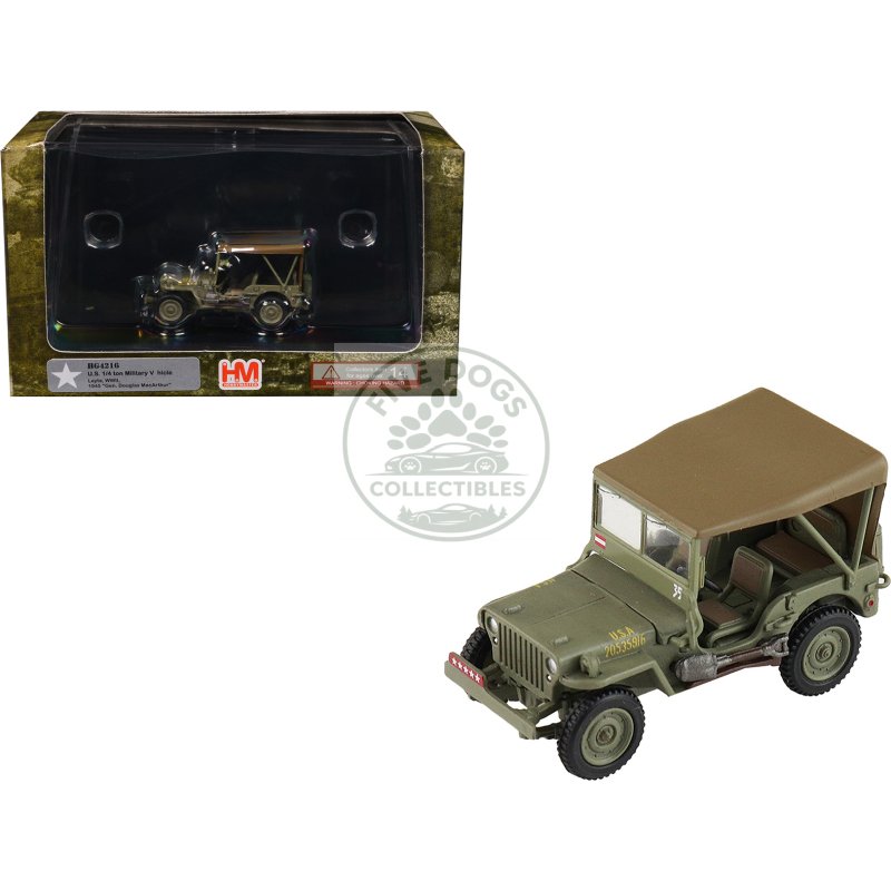 u.s. 1/4 ton military vehicle olive drab "gen. douglas macarthur leyte wwii" (1945) united states army "ground power series" 1/72 diecast model by hobby master