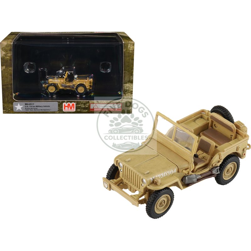 u.s. 1/4 ton military vehicle desert sand "british 8th army gen. bernard montgomery sicily" (1943) royal army "ground power series" 1/72 diecast model by hobby master