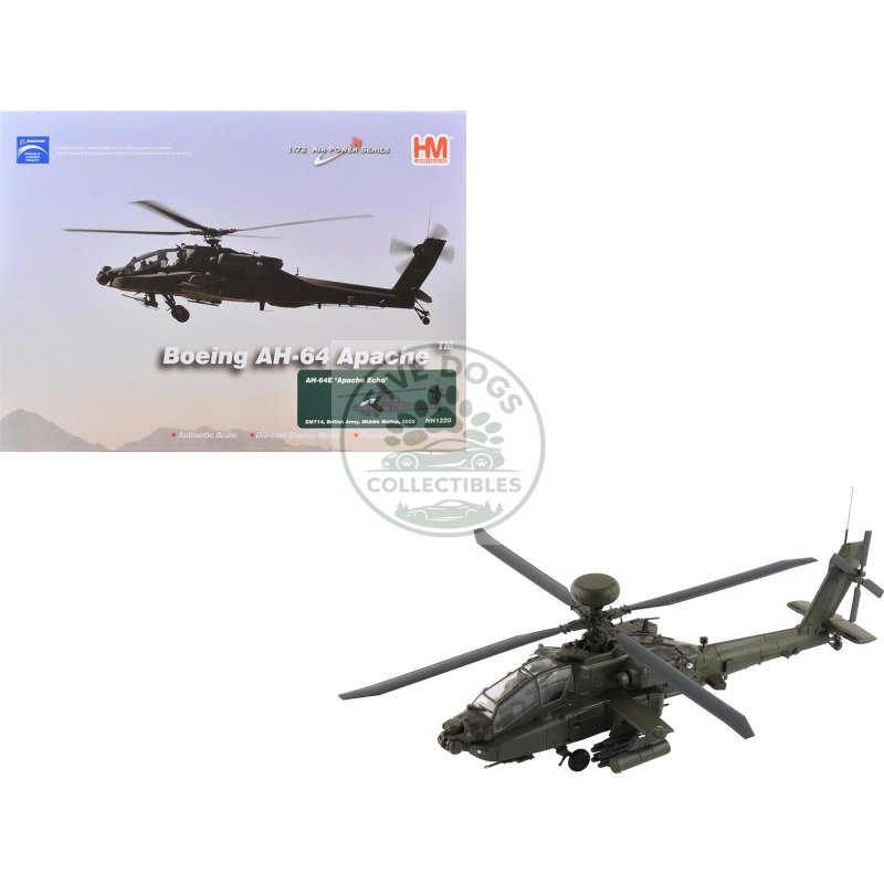 boeing ah 64e apache echo attack helicopter "zm714 middle wallop" (2022) british army "air power series" 1/72 diecast model by hobby master
