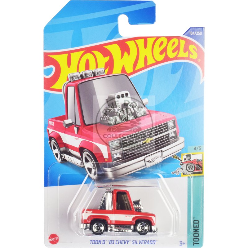 1983 chevrolet silverado "toon'd" pickup truck red and white "tooned" series diecast model car by hot wheels
