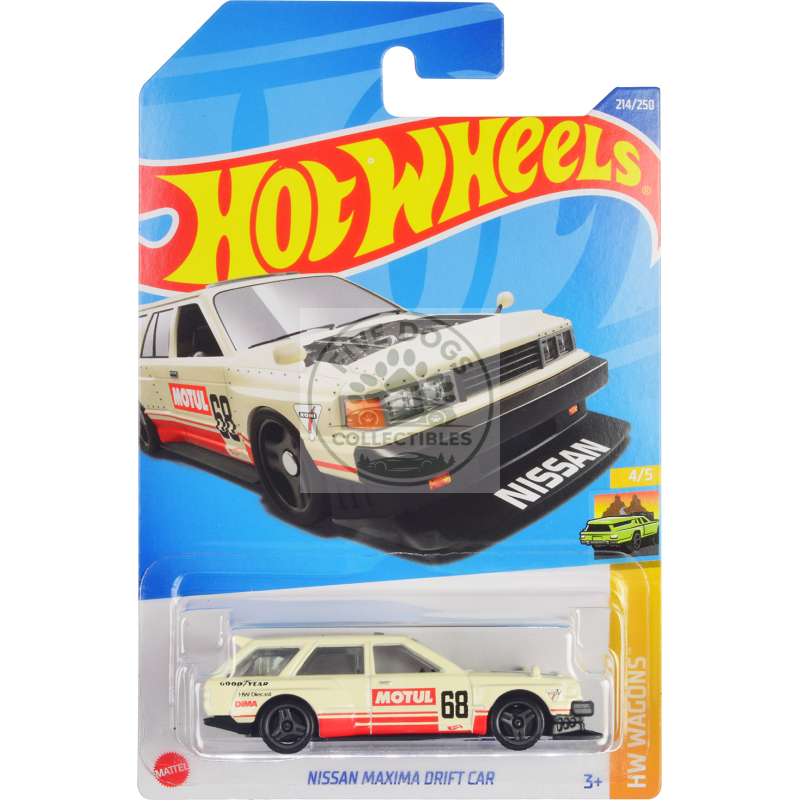 nissan maxima wagon drift car #68 "motul" cream with red stripes "hw wagons" series diecast model car by hot wheels