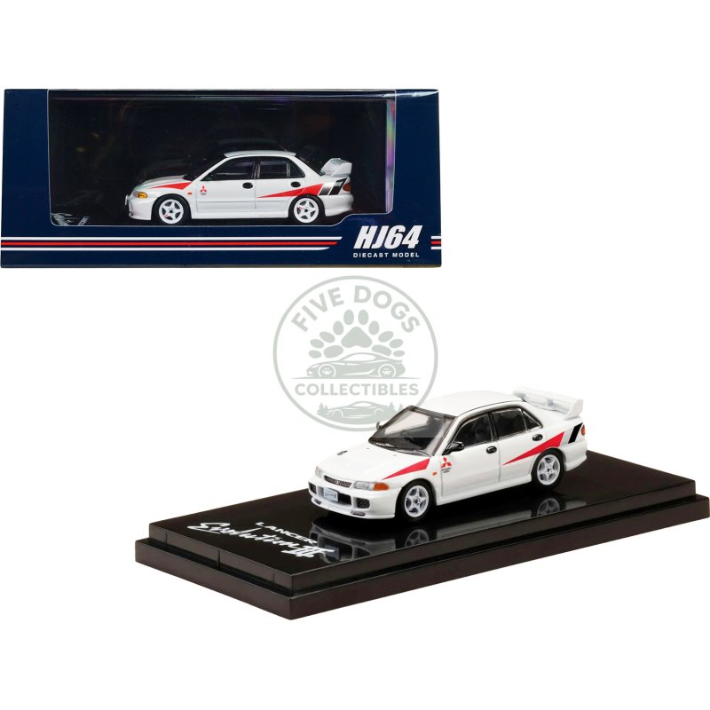 mitsubishi lancer rs evolution iii rhd (right hand drive) scortia white with red rally stripes 1/64 diecast model car by hobby japan