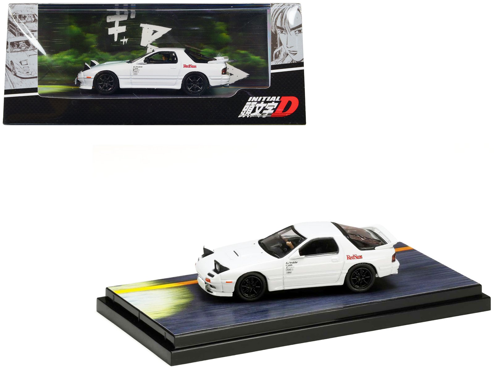 mazda rx 7 (fc3s) rhd (right hand drive) white "redsuns" with ryosuke takahashi driver figure "initial d" (1995 2013) manga 1/64 diecast model car by hobby japan mazda rx 7 (fc3s) rhd (right hand drive) white "redsuns" with ryosuke takahashi driver figure "initial d" (1995 2013) manga 1/64 diecast model car by hobby japan