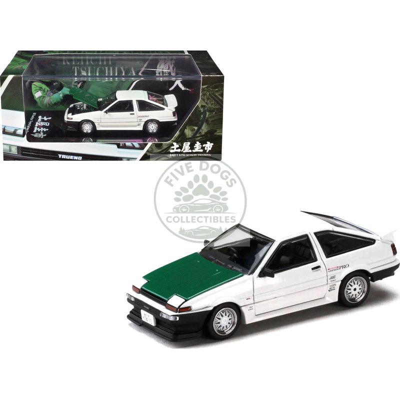 toyota sprinter trueno (ae86) rhd (right hand drive) "keiichi tsuchiya dori dori mesh wheels" white with green carbon hood 1/64 diecast model car by hobby japan