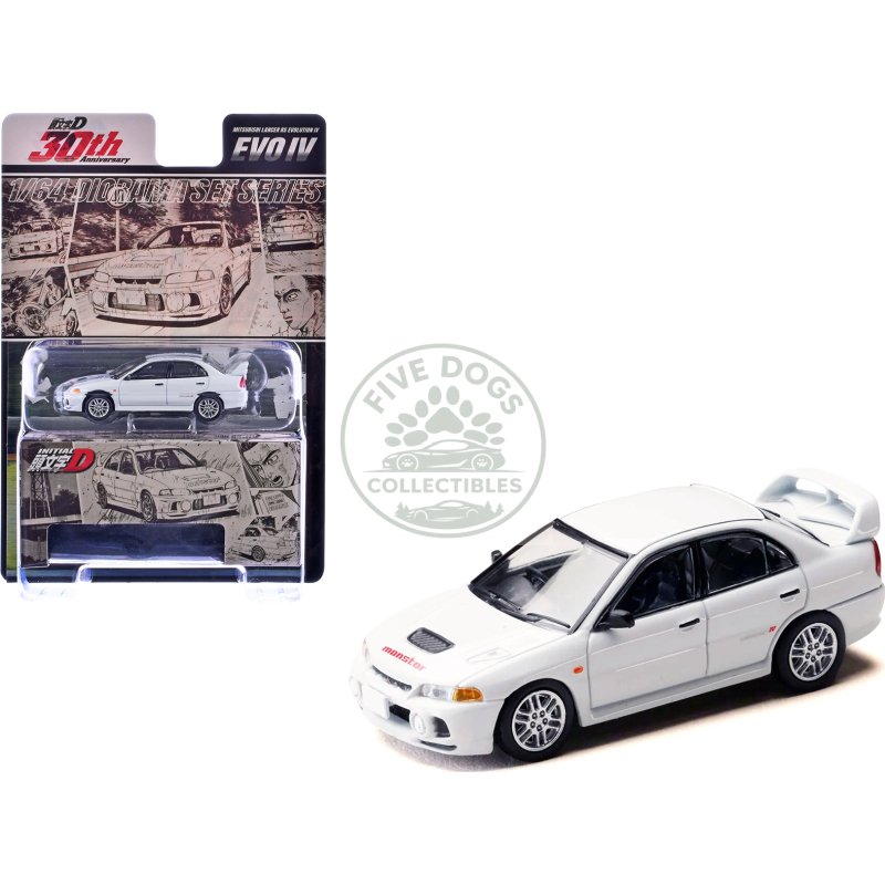 mitsubishi lancer rs evolution iv rhd (right hand drive) "monstar" white "initial d" (1995 2013) manga "diorama set series" 1/64 diecast model car by hobby japan