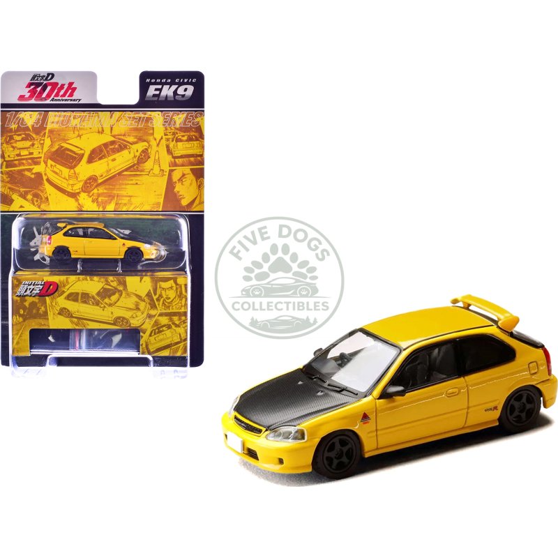 honda civic (ek9) rhd (right hand drive) yellow with carbon hood "initial d" (1995 2013) manga "diorama set series" 1/64 diecast model car by hobby japan