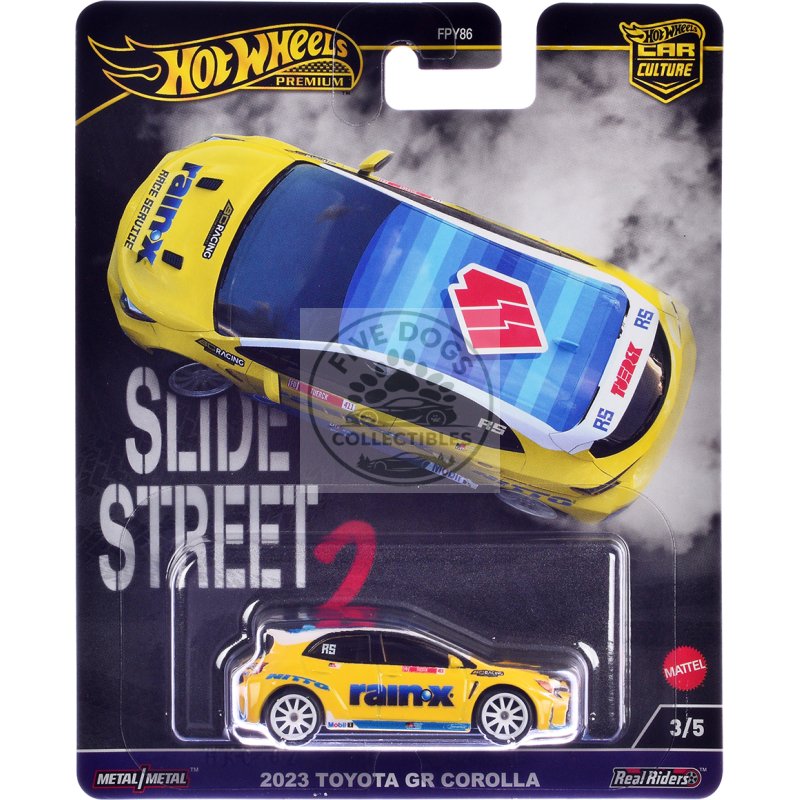 2023 toyota gr corolla "rain x" yellow "slide street 2" series diecast model car by hot wheels