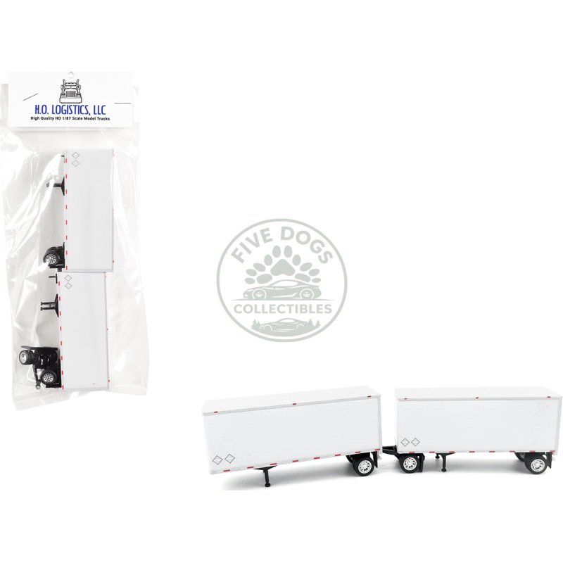 28' dry van double pup trailers white set of 2 pieces 1/87 (ho) scale plastic model by ho logistics