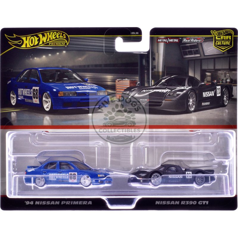 1994 nissan primera rhd (right hand drive) #68 blue and nissan r390 gt1 #23 matt black "car culture" set of 2 cars diecast model cars by hot wheels