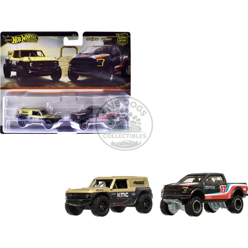 ford bronco r gold metallic and black and 2017 ford f 150 raptor pickup truck #17 black with stripes "car culture" set of 2 cars diecast model cars by hot wheels