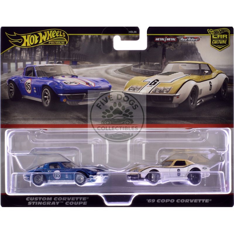 chevrolet custom corvette stingray coupe #65 blue metallic with white stripes and 1969 chevrolet copo corvette #6 gold metallic and white "car culture" set of 2 cars diecast model cars by hot wheels