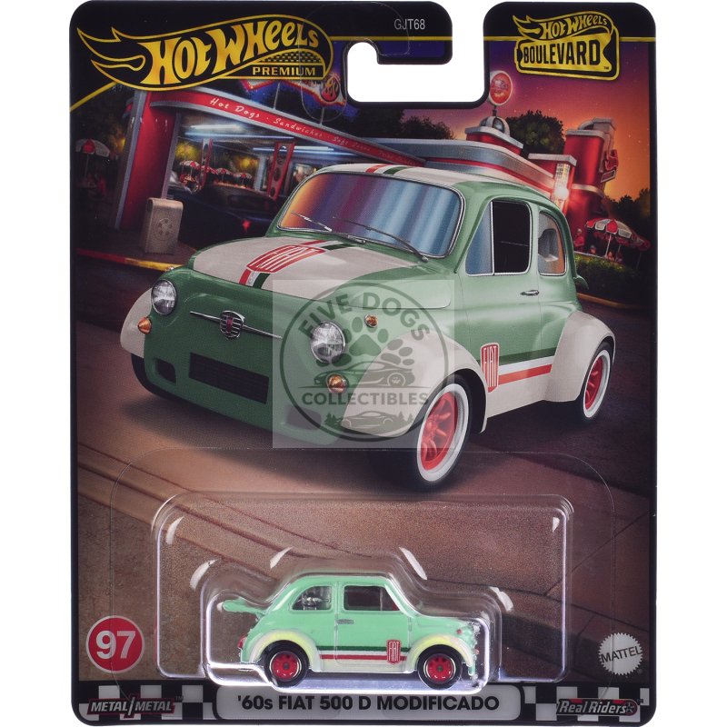 1960's fiat 500 d modificado light green with stripes "boulevard" series diecast model car by hot wheels
