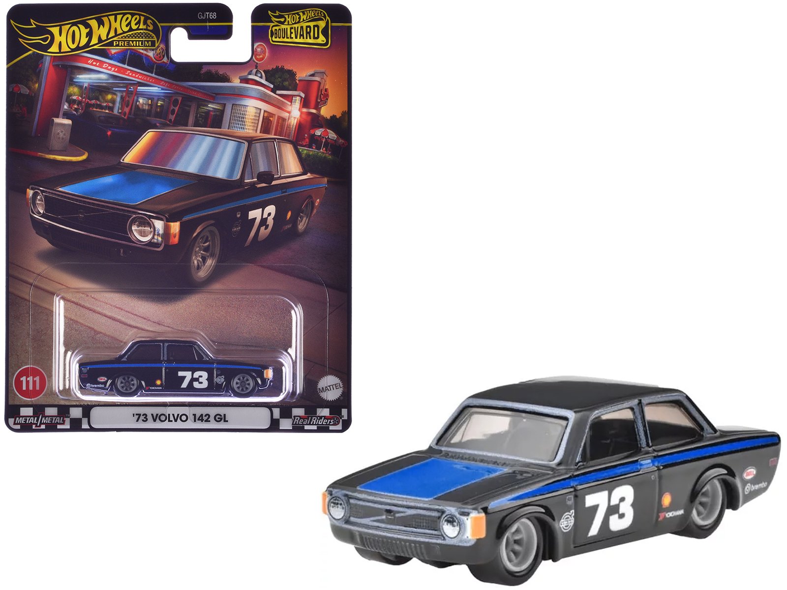 1973 volvo 142 gl #73 black with blue stripes and hood "boulevard" series diecast model car by hot wheels 1973 volvo 142 gl #73 black with blue stripes and hood "boulevard" series diecast model car by hot wheels