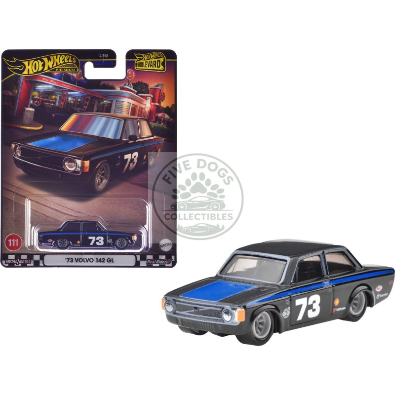1973 volvo 142 gl #73 black with blue stripes and hood "boulevard" series diecast model car by hot wheels