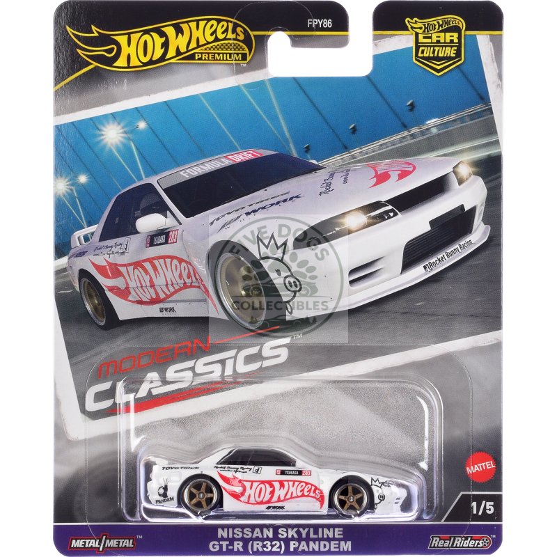 nissan skyline gt r (r32) "pandem" white with "hot wheels" logo "modern classics" series diecast model car by hot wheels