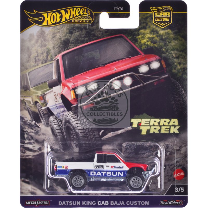 datsun king cab baja custom pickup truck #720 white and blue with red hood "terra trek" series diecast model car by hot wheels