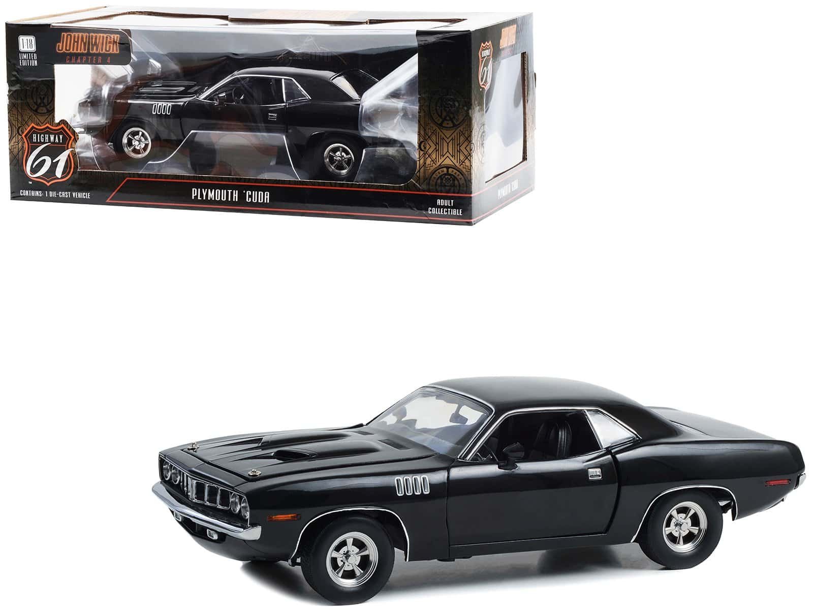 Plymouth Cuda 1:18 Scale Diecast Car Model Plymouth Cuda diecast car model in black, detailed collectible for car enthusiasts and model collect.