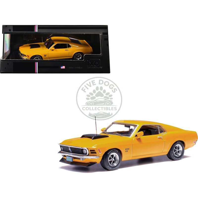 1970 ford mustang boss 429 bright yellow with black hood scoop 1/43 diecast model car by ixo models