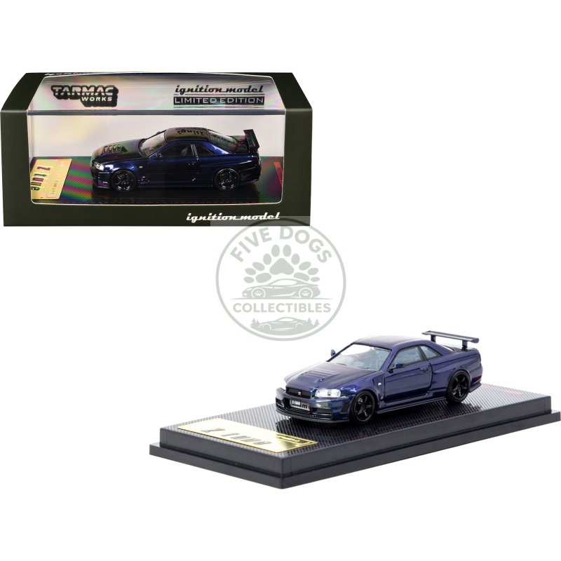 nissan skyline gt r (bnr34) z tune nismo rhd (right hand drive) midnight purple iii metallic 1/64 diecast model car by ignition model