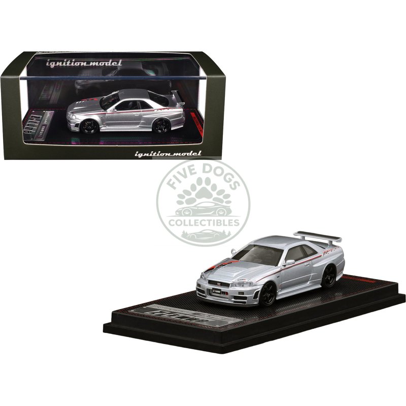 nissan skyline gt r (bnr34) z tune nismo rhd (right hand drive) silver metallic with graphics 1/64 diecast model car by ignition model