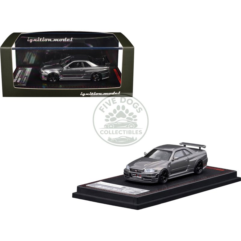 nissan skyline gt r (bnr34) nismo crs rhd (right hand drive) gray metallic 1/64 diecast model car by ignition model