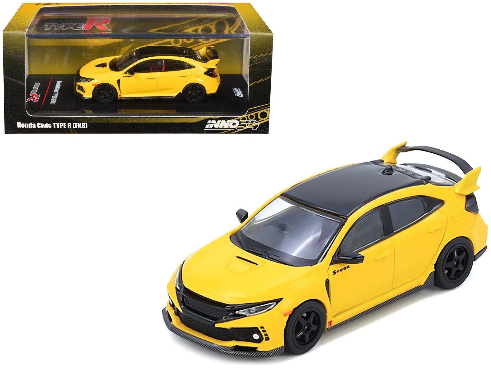honda civic type r (fk8) rhd (right hand drive) yellow with black top 1/64 diecast model car by inno models honda civic type r (fk8) rhd (right hand drive) yellow with black top 1/64 diecast model car by inno models