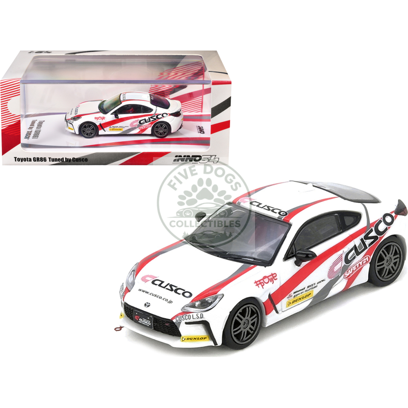 toyota gr86 tuned by "cusco" rhd (right hand drive) white with red and gray stripes 1/64 diecast model car by inno models