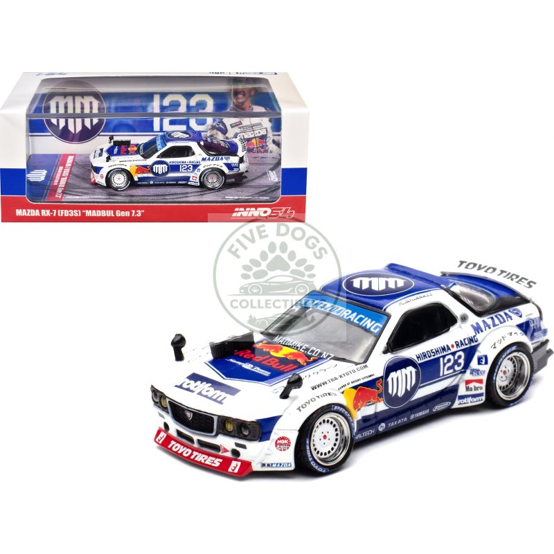 mazda rx 7 (fd3s) rhd (right hand drive) #123 "pandem rocket bunny madbul gen 7.3" white and blue with graphics "madlab collection 01" 1/64 diecast model car by inno models