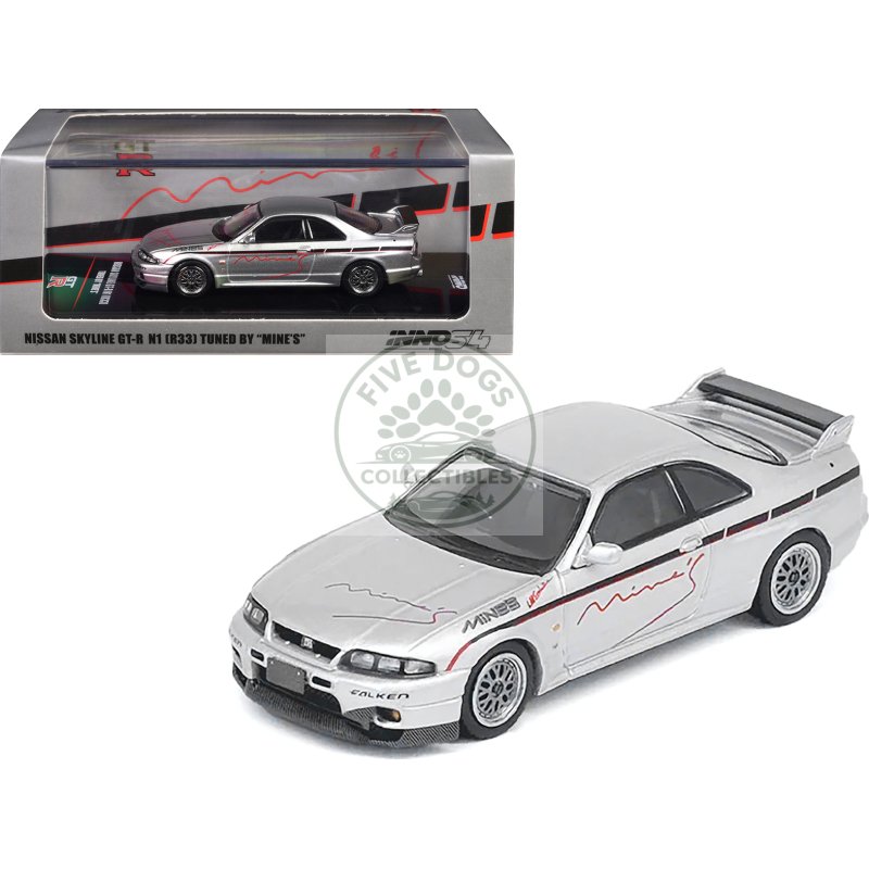 nissan skyline gt r n1 (r33) rhd (right hand drive) "tuned by mine's" silver 1/64 diecast model car by inno models