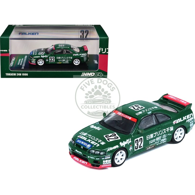 nissan skyline gt r (r33) rhd (right hand drive) #32 "prince chiba falken" n1 super endurance series "tokachi 24 hours" (1996) 1/64 diecast model car by inno models