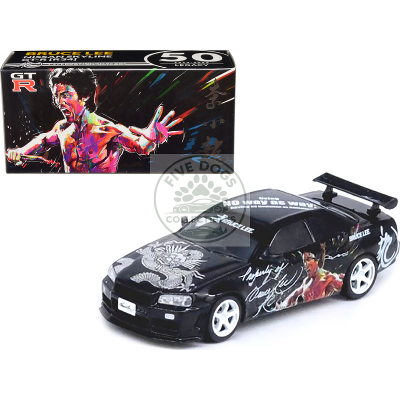 nissan skyline gt r (r34) rhd (right hand drive) black "bruce lee legacy 50 year anniversary" 1/64 diecast model car by inno models