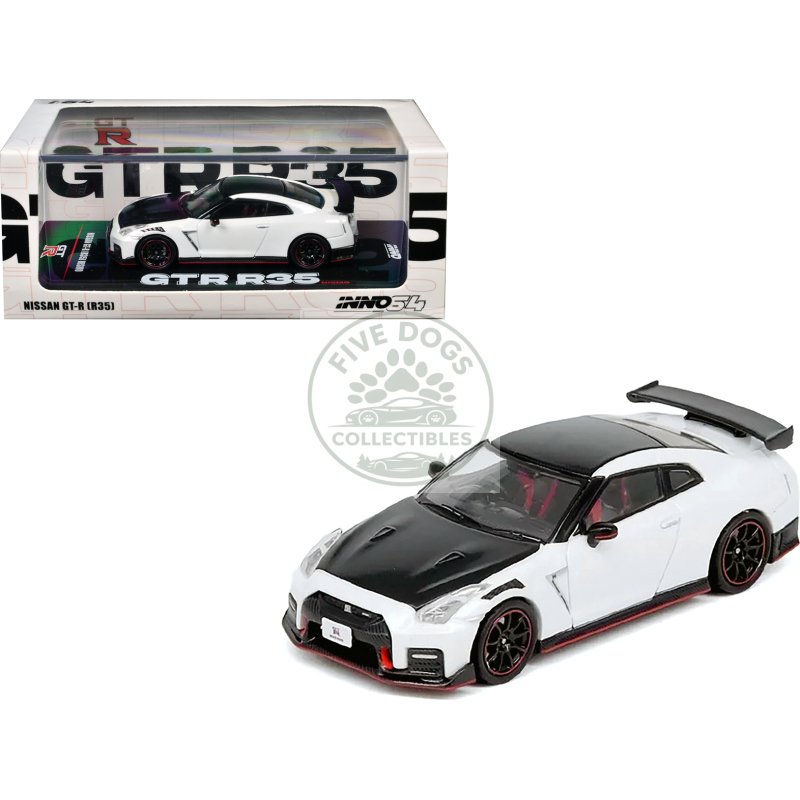 nissan gt r (r35) nismo rhd (right hand drive) white with carbon hood and top 1/64 diecast model car by inno models