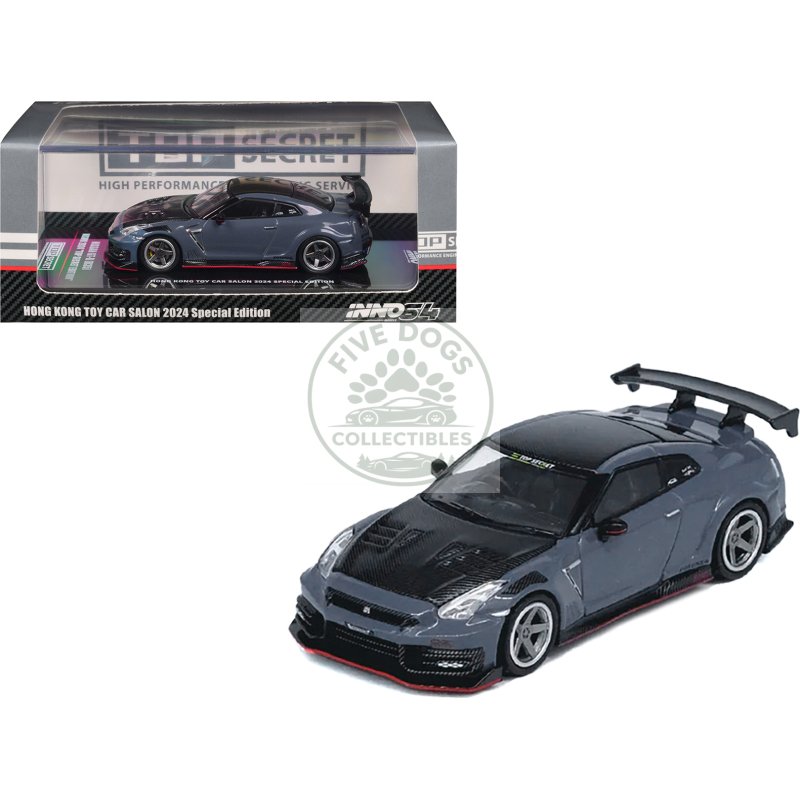 2024 nissan gt r (r35) nismo "top secret" rhd (right hand drive) gray with carbon hood and top "hong kong toy car salon 2024 special edition" 1/64 diecast model car by inno models
