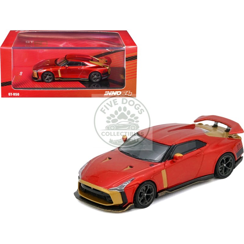 nissan gt r50 by italdesign red metallic with gold accents 1/64 diecast model car by inno models
