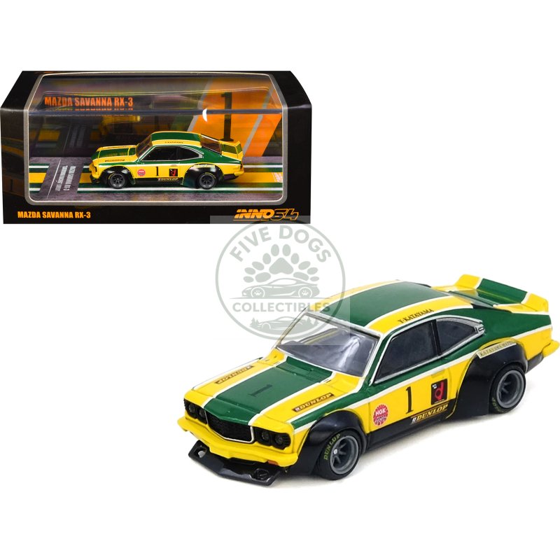 mazda rx 3 savanna rhd (right hand drive) #1 "katayama racing livery" green and yellow striped 1/64 diecast model car by inno models