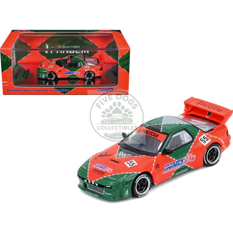 mazda rx7 (fc3s) "pandem aero" rhd (right hand drive) #55 red and green "hong kong toycar salon 2025 event edition" 1/64 diecast model car by inno models