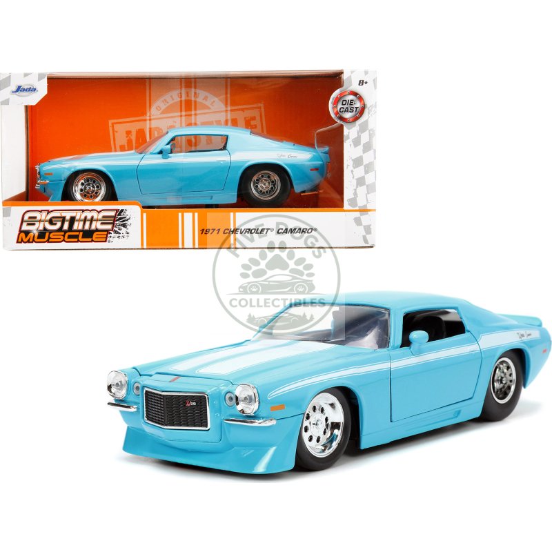 1971 chevrolet camaro z/28 light blue with white stripes "bigtime muscle" series 1/24 diecast model car by jada