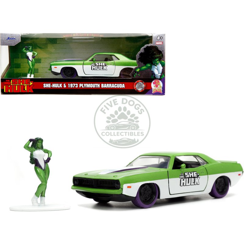 1973 plymouth barracuda green metallic and white and she hulk diecast figure "the savage she hulk" "hollywood rides" series 1/32 diecast model car by jada