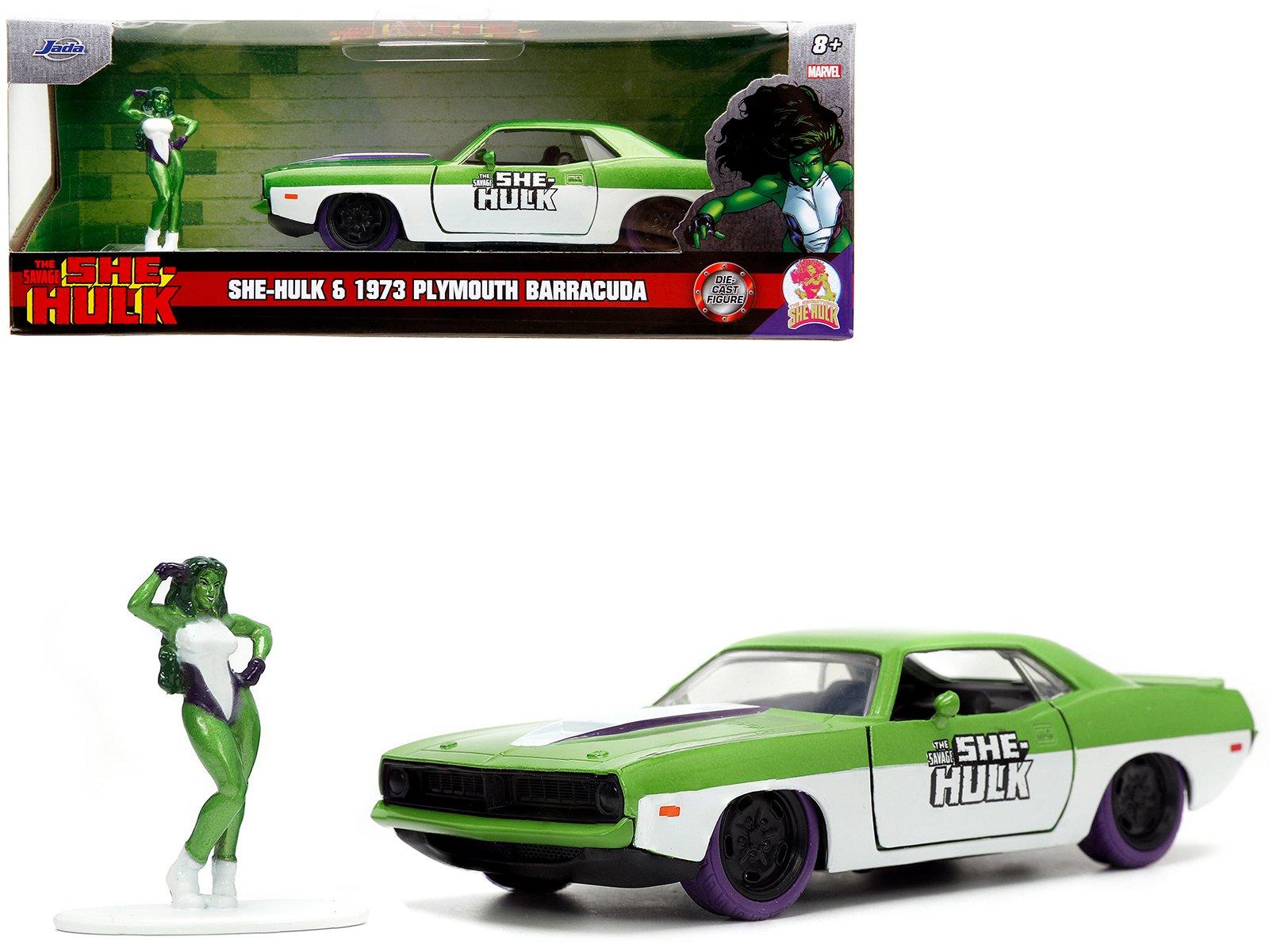 1973 plymouth barracuda green metallic and white and she hulk diecast figure "the savage she hulk" "hollywood rides" series 1/32 diecast model car by jada 1973 plymouth barracuda green metallic and white and she hulk diecast figure "the savage she hulk" "hollywood rides" series 1/32 diecast model car by jada